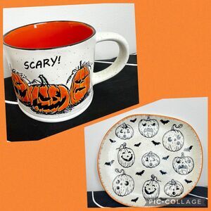 Eli + Ana Handmade Ceramics Halloween Dessert Plate & Coffee Mug Pumpkins